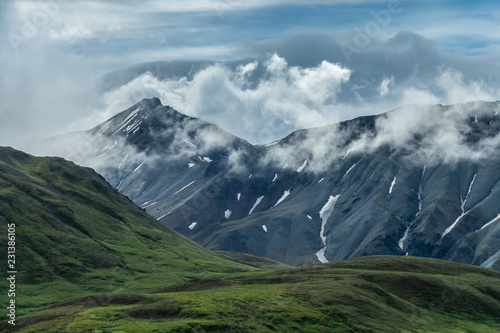 Denali national park mountains view under the clouds, Alaska