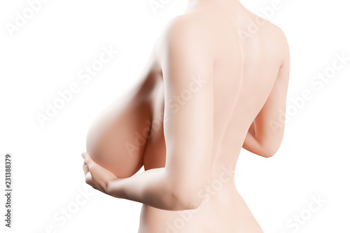 Woman is holding her big breasts - Back Pain concept