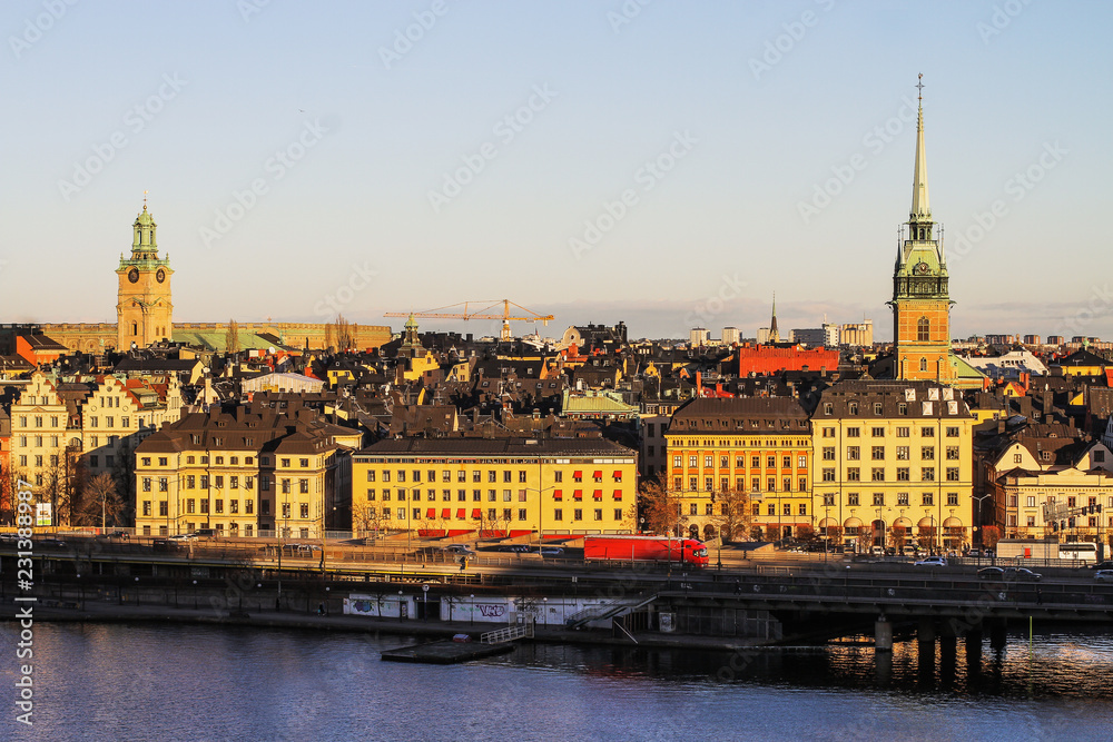 Panorama old Stockholm at sunset in December