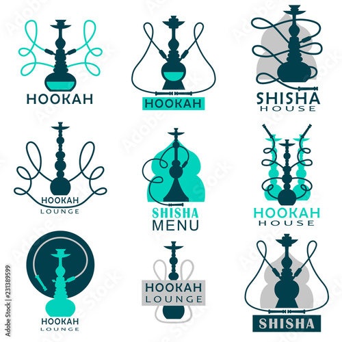 Set in reserved colors hookah labels for menus in different forms and design elements.