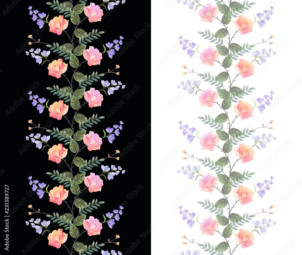 custom made wallpaper toronto digitalSet of two seamless vertical floral borders isolated on black and white backgrounds. Roses and bell flowers. Beautiful summer design.