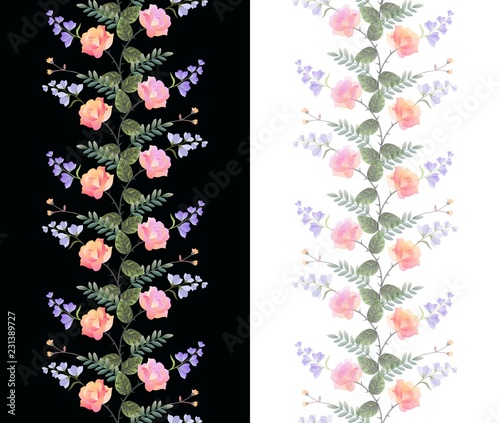 Wallpaper Mural Set of two seamless vertical floral borders isolated on black and white backgrounds. Roses and bell flowers. Beautiful summer design. Torontodigital.ca