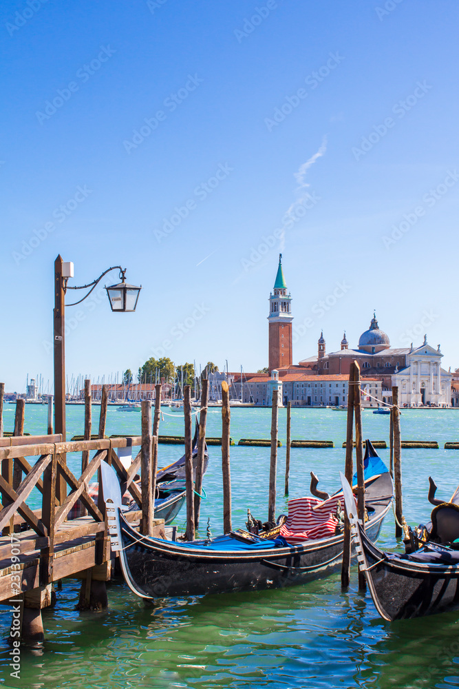 gondolas on the dock in Venice