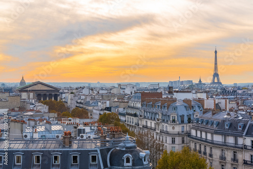Paris, view of the city, with the Eiffel Tower in background, sunset 