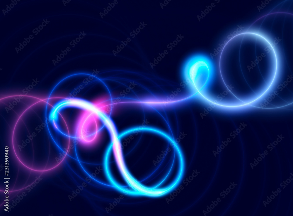 Neon fantasy. Bright swirls on a dark blue background