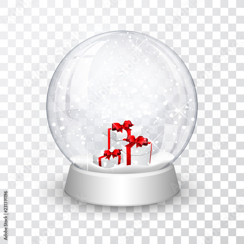 snow globe ball with gift boxes realistic new year chrismas object isolated on transperent background with shadow, vector illustration