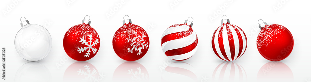 Transparent and Red Christmas ball with snow effect set. Xmas glass ...