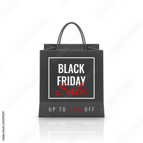 Black Friday Sale. Realistic Paper shopping bag with handles isolated on white background. Vector illustration