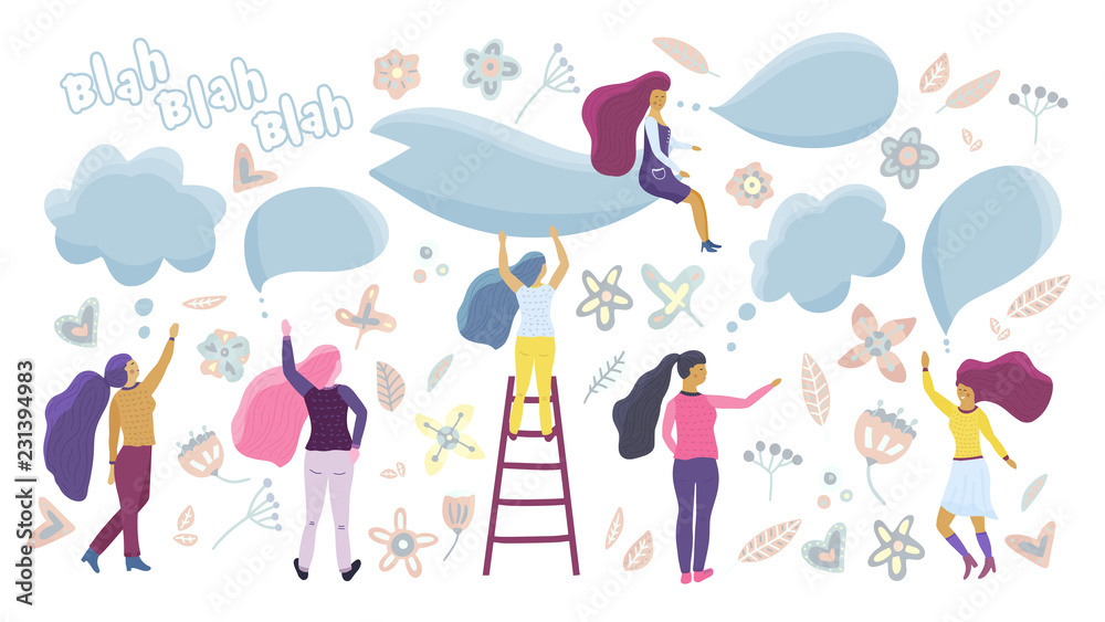 Fototapeta premium Small girls talking. Vector flat concept for blog and forum.