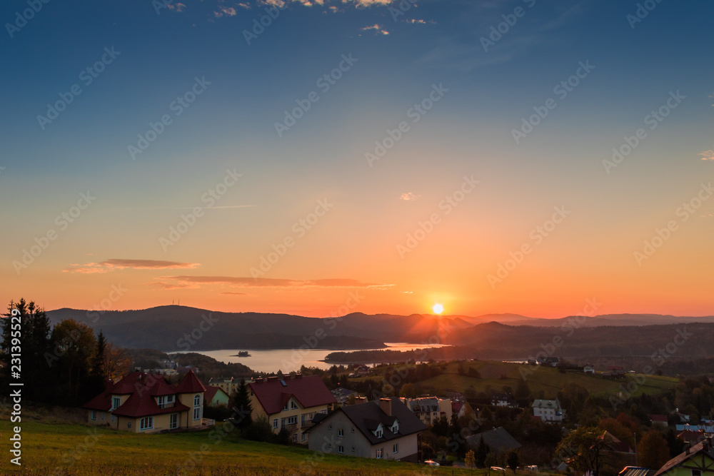 Sunrise over Solina Lake in the Bieszczady Mountains in POland