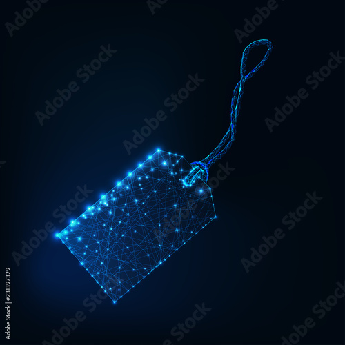 Glowing low polygonal pricing tag or item label with string isolated on dark blue background.