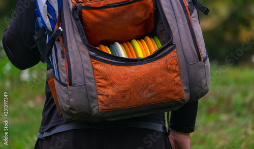 Disc golf bag on the back