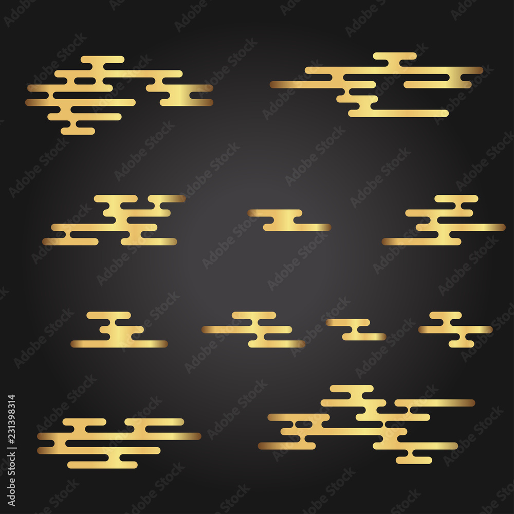 Gold Japanese pattern elements. Flat vector cartoon illustration. Objects isolated on white background.
