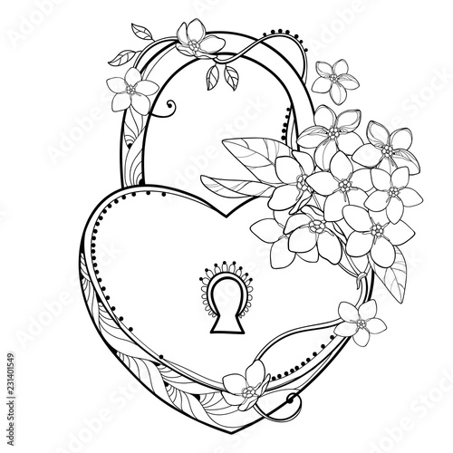 Vector padlock heart  with bouquet of outline Forget me not or Myosotis flower in black isolated on white background. Wildflower Forget-me-not in contour style for romantic design or coloring book.