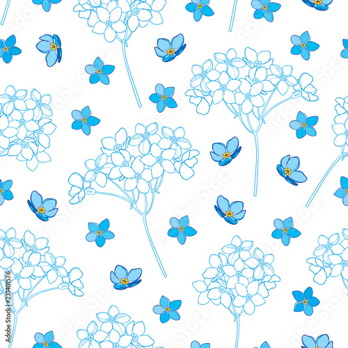 Vector seamless pattern with outline Forget me not or Myosotis flower, bunch and bud in blue on the white background. Floral pattern with Forget-me-not in contour style for summer design.