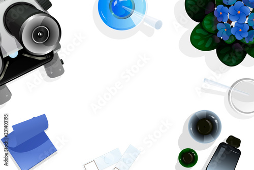 Background template with chemistry theme. Top view on the table with education tools for chemistry or biology. Vector illustration on white background, empty space for text