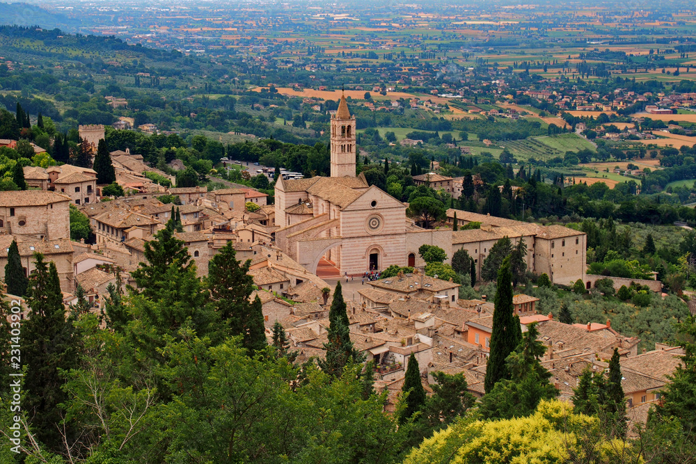 Obraz premium Bird view from the fortress to the town of Assisi with famous cathedral of Santa Chiara