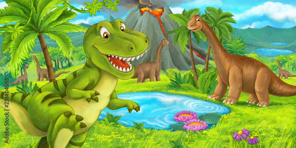 Naklejka scena kreskówki z szczęśliwy tyrannosaurus rex dinozaurów w pobliżu wybucha wulkan i diplodokus - ilustracja dla dzieci