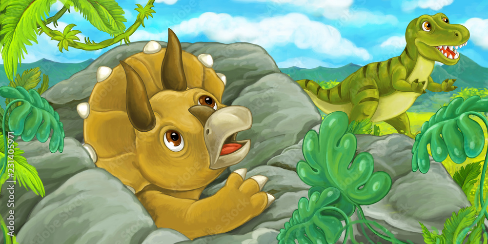 Fototapeta Scena kreskówki z triceratops hidind za skałą z tyranozaurem rex - ilustracja dla dzieci