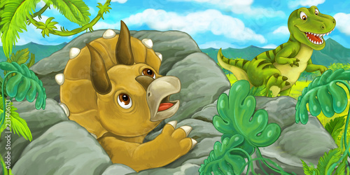 Fototapeta Naklejka Na Ścianę i Meble -  cartoon scene with triceratops hidind behind the rock from tyrannosaurus rex - illustration for children