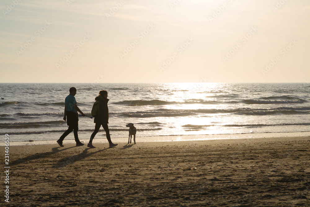 couple walking the dog at the beach with low sun in the background
