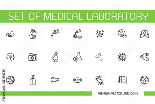 Set of Medical Laboratory Line Icons. Contact eye lens, laboratory experiment, research, bacteria. Biology concept. Can be used for science, microorganism, examination, genetics test
