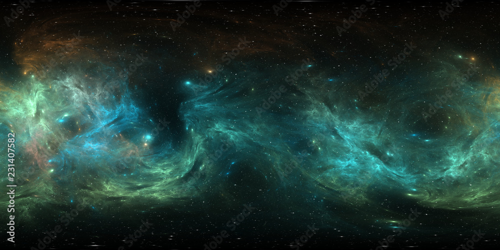 360 degree interstellar cloud of dust and gas. Space background with nebula and stars. Glowing nebula, equirectangular projection, environment map. HDRI spherical panorama