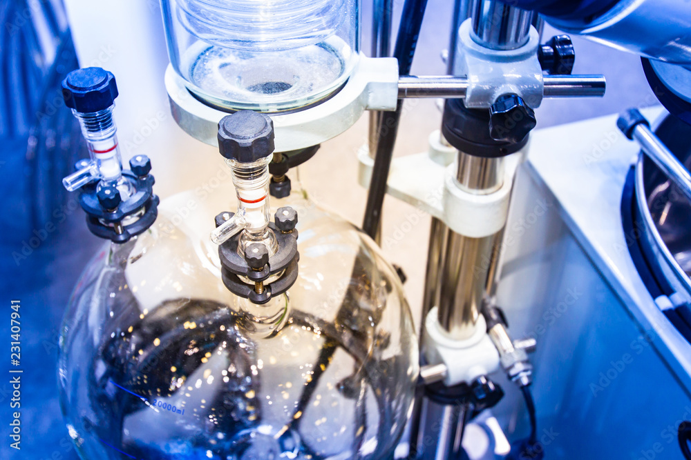 Production of drugs. Laboratory for the creation of drugs. Glass flasks