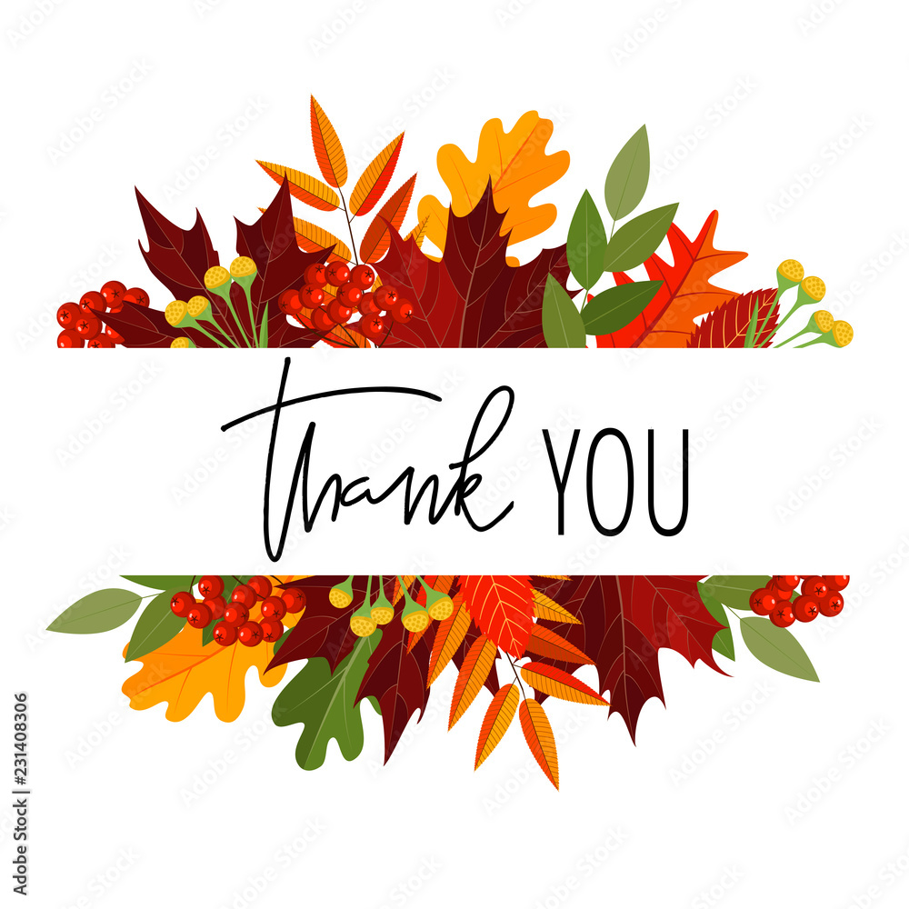 Thanksgiving hand lettering quote in autumn leaves frame. Thank you ...