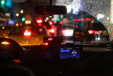 Interior view of taxi cab stuck in New York traffic