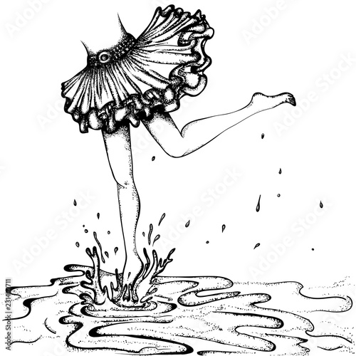Hand drawn vector illustration. Female feet running through puddles isolated on white background. Comic style