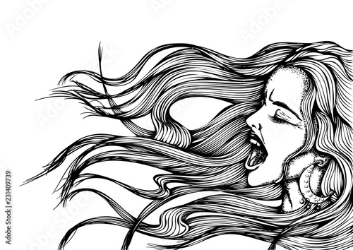 Hand drawn vector illustration. Portrait of a young screaming woman with flying long hair isolated on white background. Comic style