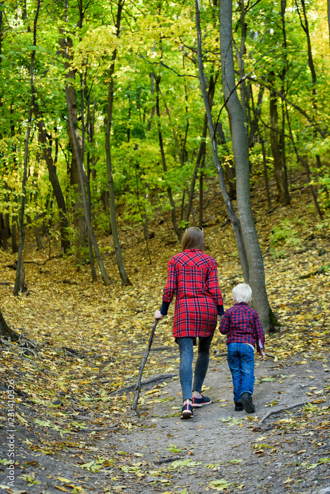Mom and son walking in the autumn forest. Back view Mom and son walking in the autumn forest. Back view