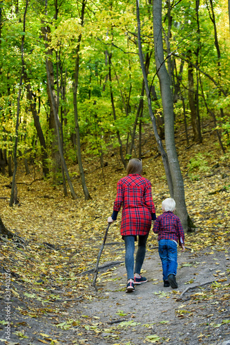 Mom and son walking in the autumn forest. Back view