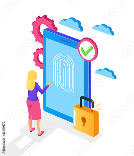 Woman user character put finger print button recognition biometric password. Touch id unlock concept. Vector flat cartoon isolated graphic design illustration