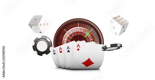 Playing cards and poker chips fly casino. Casino roulette concept on white background. Poker casino vector illustration. Red and black realistic chip in the air. Gambling poker mobile app icon.