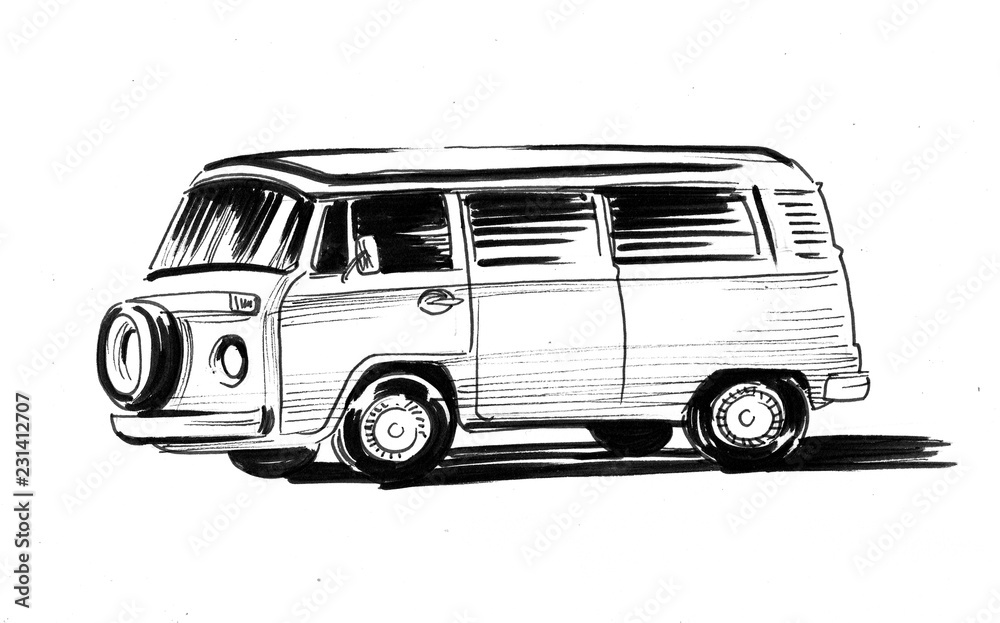 Vintage van on white background. Ink illustration