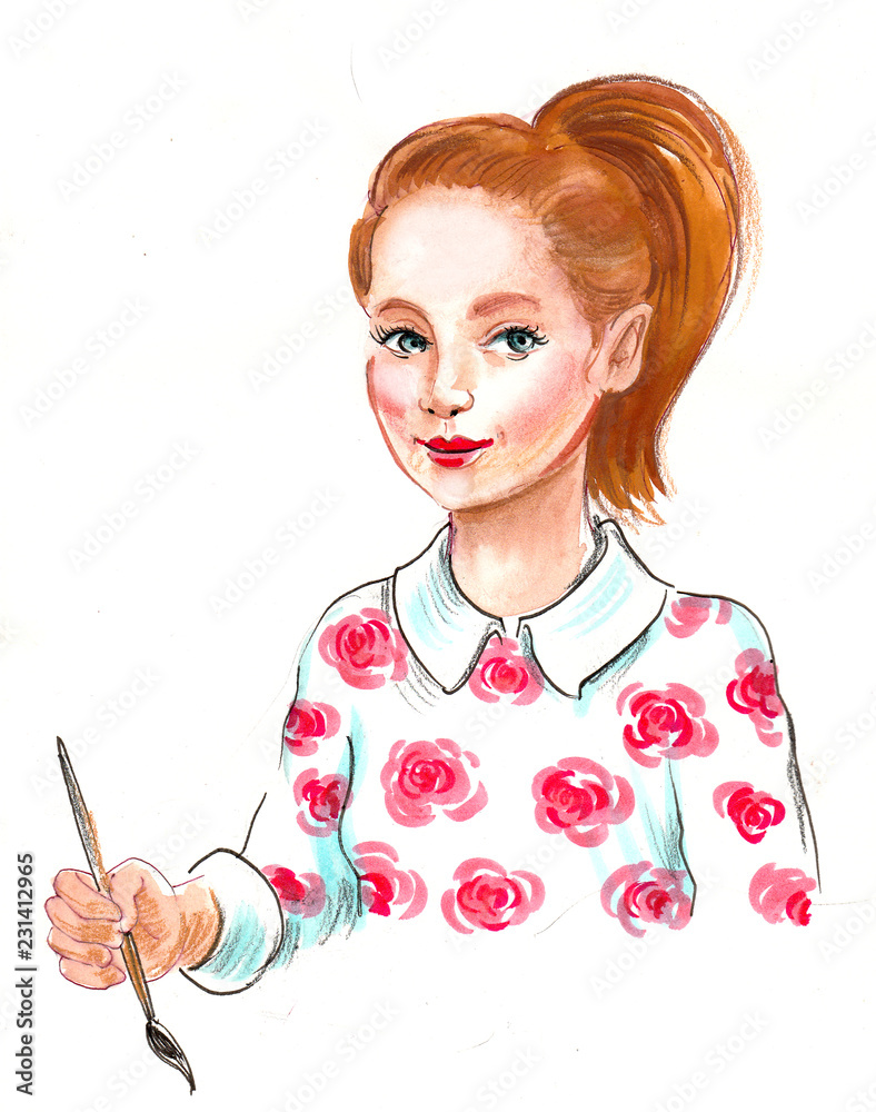 Girl painting with a brush. Ink and watercolor illustration Girl painting with a brush. Ink and watercolor illustration