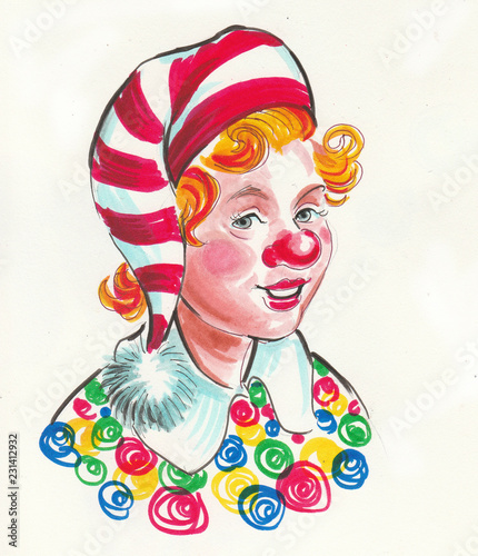 Fototapeta Naklejka Na Ścianę i Meble -  Ink and watercolor illustration of a cute clown, character