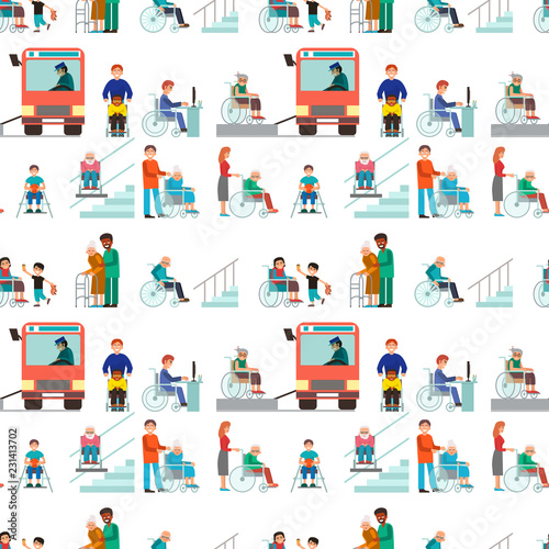 Disabled handicapped diverse people vector wheelchair invalid person help disability characters disable medical assistance seamless pattern background illustration.