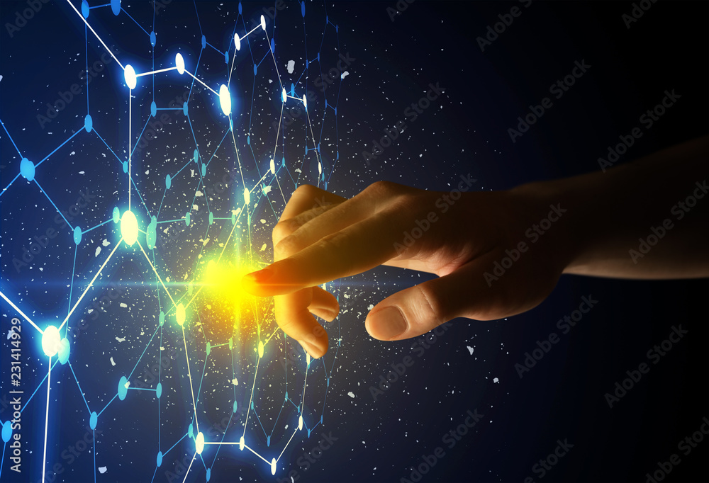 Female finger touching a beam of light surrounded by a connectivty concept Female finger touching a beam of light surrounded by a connectivty concept