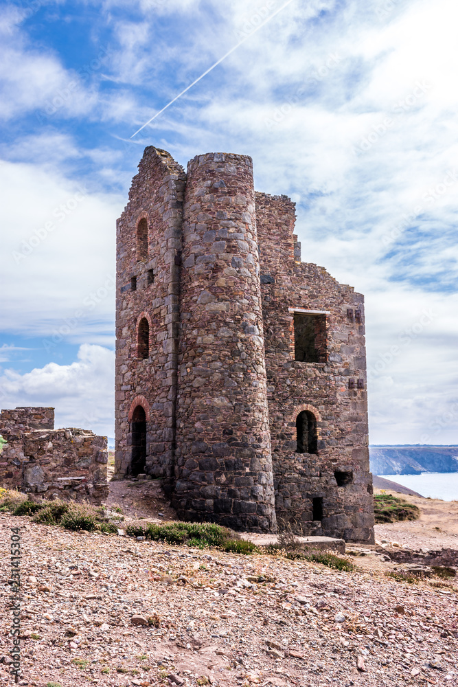 Stamps and wheel engine house ruins Wheal Coates mine on cliffs near St ...