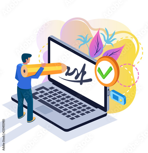 Businessman partner client man character put electronic digital signature on e document. Modern online technology concept. Vector design graphic flat cartoon isolated illustration