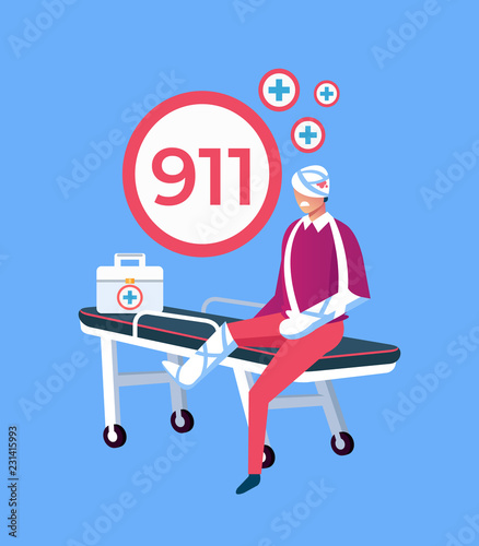 Sad unhappy patient man character sitting on stretcher with broken leg and head. 911 emergency service aid disaster accident help concept