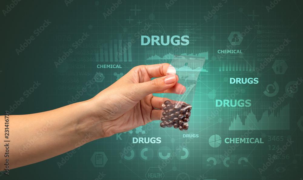 Naked hand gives chemicals in vacuum plastic bag with scholarly concept Naked hand gives chemicals in vacuum plastic bag with scholarly concept