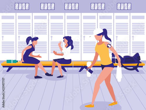 women in place with locker of sport gym
