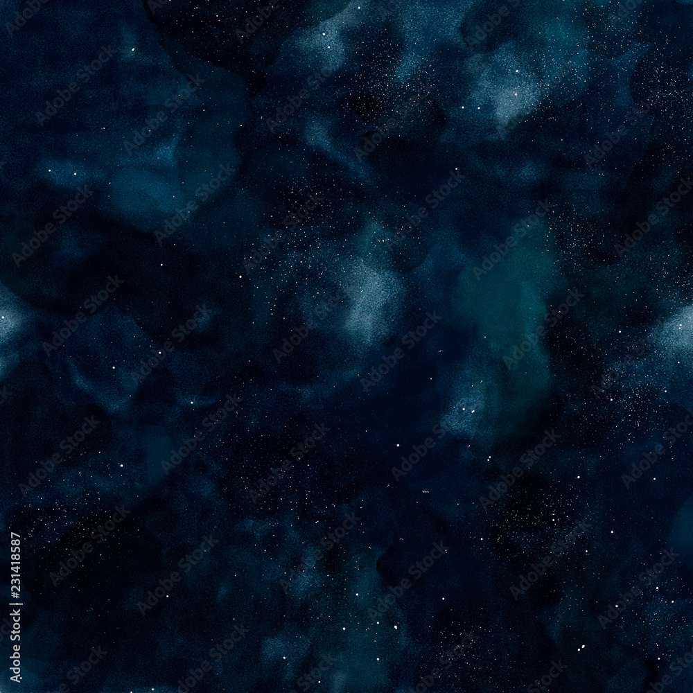 Blue watercolor background of night sky with stars.