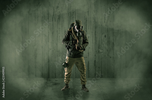 Dreadful dangerous man with wood, shanty wallpaper and fume around
