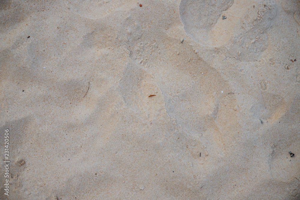 Yellow white sand beach texture. Sea coast top view photo. Sea sand natural texture. Smooth sand surface with step marks