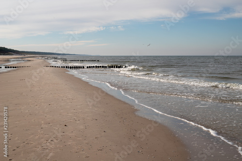 Fototapeta Naklejka Na Ścianę i Meble -  Autumn beach by the sea in central Europe. Baltic sea coast.